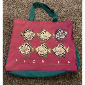Vintage Florida XL Tote Bag Lightweight Beach Colorful 90s Metallic Fish Print